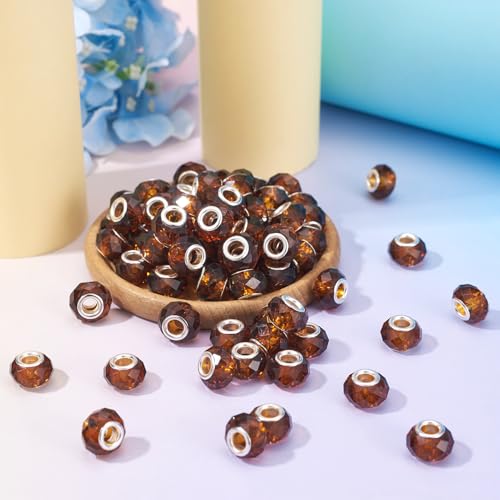 100pcs 14mm Large Hole Beads Glass Crystal Faceted Beads Brown European Crystal Spacer Bead for Valentine's Day Necklace Earring Bracelet Crafts Jewelry Making - color: Brown