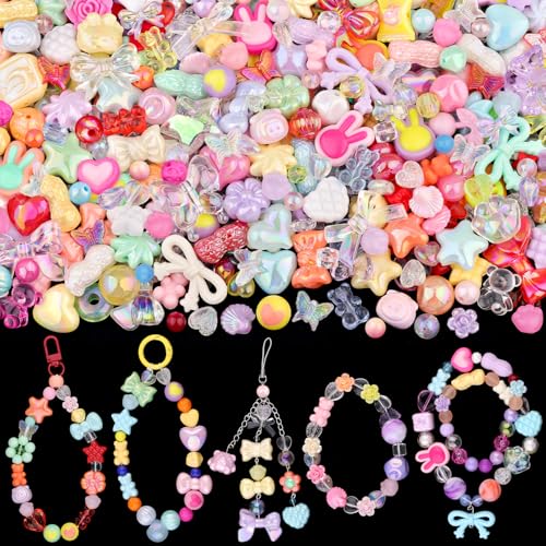 200-260PCS TINKRSTUFF Assorted Acrylic Beads Mixed Colors Cute Beads for Bracelet Making, Bow Aesthetic GummyBear Flower Butterfly Kawaii Charms for Jewelry Making DIY Necklace Keychain Phone Charm - color: Mixed Colors