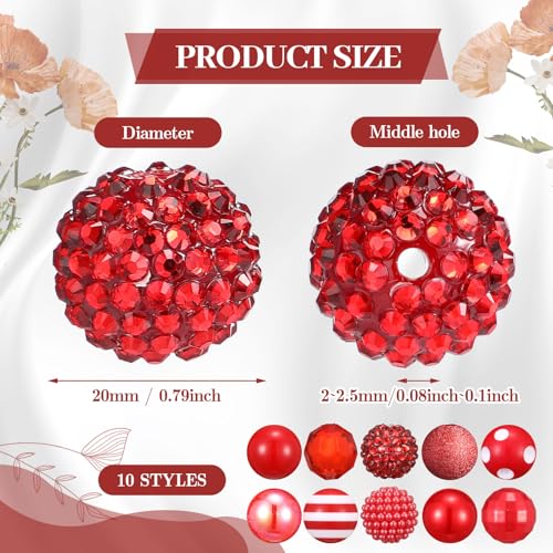 Ferreve 20 Pcs Chunky Bubblegum Beads 20mm Focal Pen Large Rhinestone Pearl Beads for DIY Beadable Pen School Jewelry Making Keychain Craft Making(Red) - color: Red