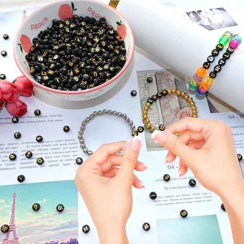 Amaney 1000pcs Gold Letter Beads 7x4mm Black Round Acrylic Alphabet Beads for Jewelry Making Bracelets Necklaces Key Chains - color: Black&Gold