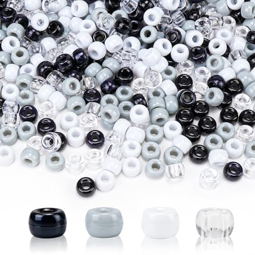 1000PCS 6x9mm Pony Beads Bulk – Black, Gray, White Kandi Beads for Bracelets, Hair Braids, Jewelry Making, Crafts – Large Hole Plastic Bead for DIY Kits - color: Neutral