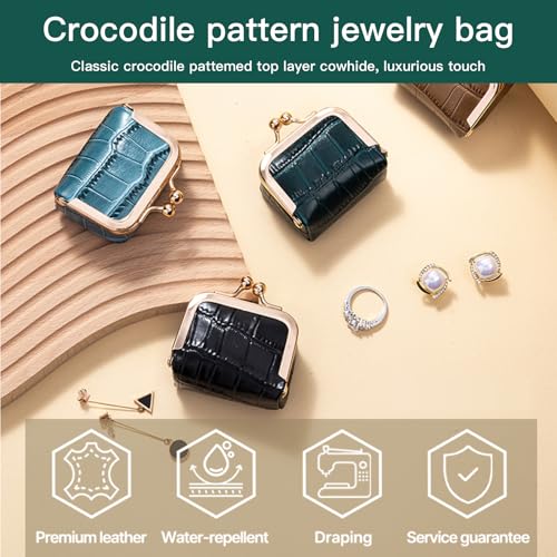 Mini Travel Jewelry Box Organizer with Crocodile Pattern, Premium Cowhide Leather, Rose Gold Kiss-Lock Clasp, Portable Storage Case, 2.56 x 1.77 x 1.38 Inches (Gray, S) - color: Gray
