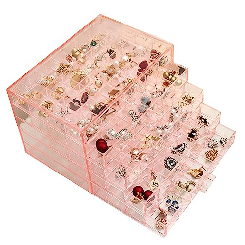 YUFONG Earring Storage Box Organizer, Acrylic Jewelry Storage Box Holder 5 Drawers Transparent Jewelry Display Stand with 120 Small Compartments Gift Boxes for Women Girls (Clear Pink) - color: Clear Pink