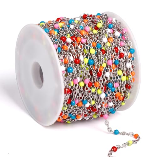 33 Feet Stainless Steel Enamel Chains Bulk, 2mm 304 Stainless Steel Colorful Enamel Beaded Cable Link Chain Roll Spool for Jewelry Making - color: Stainless Steel Colorful Beads