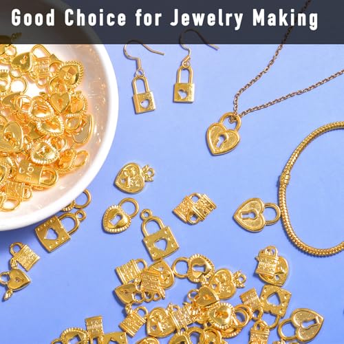 stino 100 Gram Metal Charms for Jewelry Making, Silver & Gold Plated, Bulk Pack for Bracelets, Necklaces, Crafts - color: Heart Lock Gold