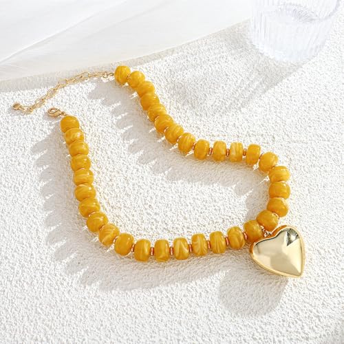 Gold Heart Pendant Necklaces for Women Colorful Acrylic Resin Beaded Choker Necklace Fashion Chunky Statement Beaded Heart Necklace - color: Yellow