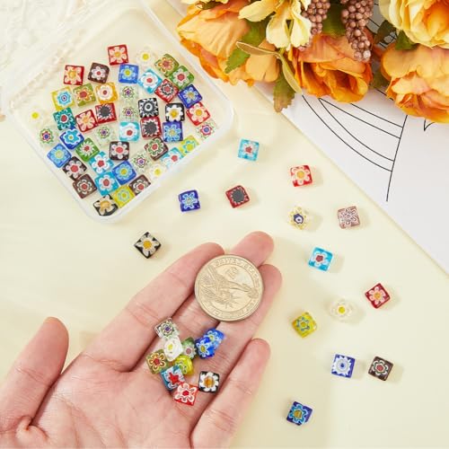 1 Box 96PCS 8MM Flat Square Millefiori Glass Beads with Holes Lampwork Flower Colorful Cube Handmade Floral Spacer Loose Bead Bulk for Jewelry Making Necklace Bracelet DIY Craft Supplies - size: 96Pcs 8mm, style: Square