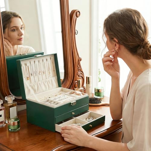 3 Layer Jewelry Box with Lock, Women Large Jewelry Holder Organizer with Drawer for Necklaces, Rings, Bracelets, Earrings, Watches, Valentines Gift for Mom Girl Wife (Green) - color: Green