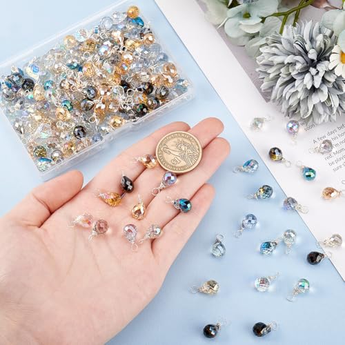 PH PandaHall 200pcs Faceted Teardrop Charms, 10 Colors Crystal Charms Transparent Glass Crystal Pendants Wire Wrapped Glass Charms Drop Dangle Charms for Necklace Clip on Earings Bracelet Craft Making