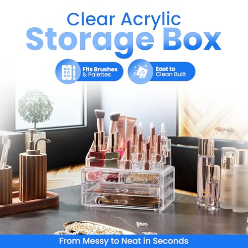 Masirs Clear Makeup Organizer - 16-Compartment Cosmetic and Jewelry Holder with 4 Drawers - Vanity Storage Box for Makeup, Skincare, Accessories, and Jewelry Display - size: 4-drawer | 16 Compartments