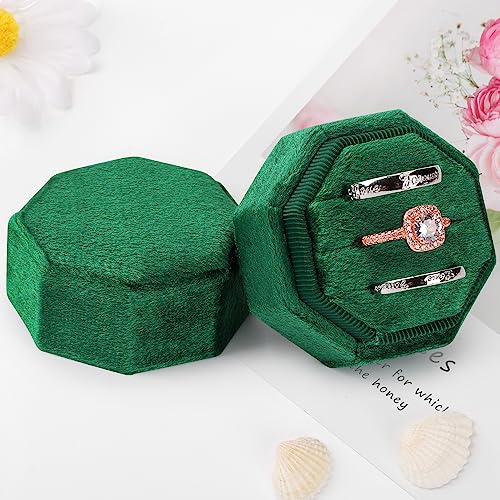 Velvet Ring Box 3 Slots, Premium Jewelry Ring Storage Gift Box Vintage Ring Display Holder Case for wedding ceremony Proposal Engagement (Green) - color: Green