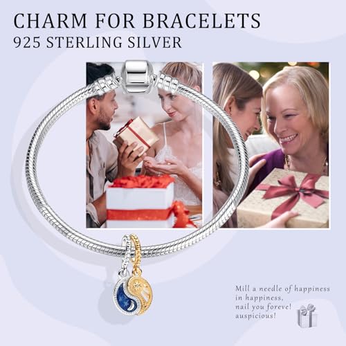 925 Silver Charms Pendants For Pandora Bracelet Golden charms Bead Safety Chain Clip set Heart Flower Animal Beads Family, Mom, Friend, Daughter, Birthday, Jewelry Gift - style: B-Two-Tone Splittable Sun and Moon