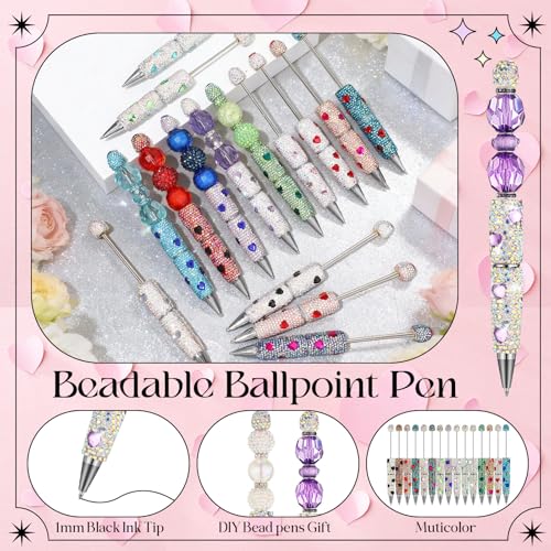 Tondiamo 45 Pcs Full Rhinestone Beadable Pens Bulk Set 15 Glitter Diamond Pens with Cards & Bags Fancy Beaded Pen for Beads DIY Cute Journalling Bling Ballpoint Craft Making(Heart Full Diamonds) - style: Heart Full Diamonds