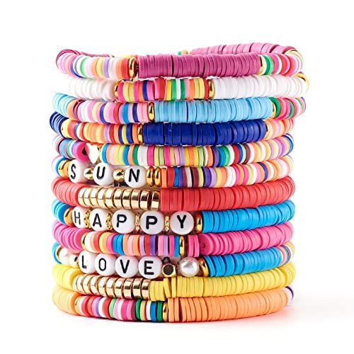 Ornaland 12 PCS Heishi Surfer Bracelets Polymer Clay Heishi Beads Stretch Bracelets Bohemia Bracelets Summer Beach Jewelry for Women Men