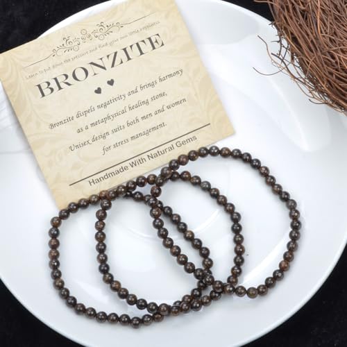 Natural Healing Gemstone Bracelet Handmade Yoga Stretch Elastic Bracelet Stress Relief Crystal Jewelry for Men and Women - color: Bronzite (Release Pressure), size: 4mm