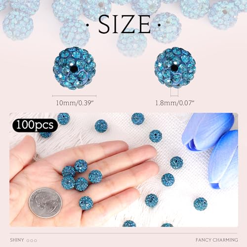 100 pcs 10mm Rhinestone Beads for Jewelry Making, Blue Zircon Shiny Round Shamballa Disco Beads Bulk, Sparkle Crystal Clay Christmas for Bracelet Baseball Necklace Earring Crafting and DIY - color: Blue Zircon, size: 10mm/100pcs