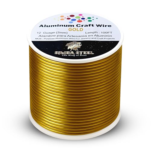 12 Gauge 100FT Aluminum Jewelry Wire for Crafts, Sculpting, Bendable for Crafts, Wire for Jewelry Making, Floral & Beading Use, Gold Color, Simba Steel (Gold 100FT) - style: Gold 12 G (2mm) x 100 FT