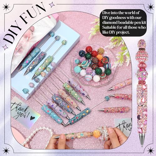 Tondiamo 45 Pcs Full Rhinestone Beadable Pens Bulk Set 15 Glitter Diamond Pens with Cards & Bags Fancy Beaded Pen for Beads DIY Cute Journalling Bling Ballpoint Craft Making(Shell Diamonds) - style: Shell Diamonds