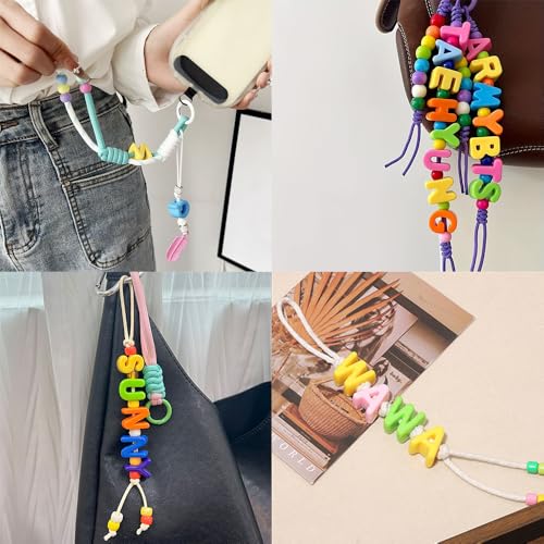 Mixed Color Big Hole Acrylic Number Letter Beads for Keychain Making Kit, 3D Letter Key Chain Making Kit with A~Z Alphabet Letters / 0~9 Numders/Round Beads/Wrist Straps/Carabiners/Cotton Rope