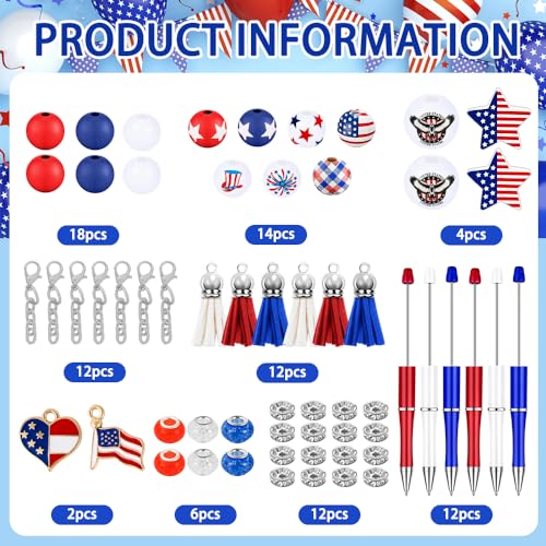 Vellibring 12 Set Independence Day Beadable Pens, 4th of July Patriotic Bead Pens with Assorted Wooden Beads Pendants for DIY Present Students Teens School Office Supplies