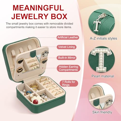 PATIKIL Travel Jewelry Case, T Initial Small Travel Jewelry Box Organizer Rings Earrings Storage Case Personalized Gifts for Women Girls Birthday Christmas Bridesmaid Gifts, Dark Green - style: T