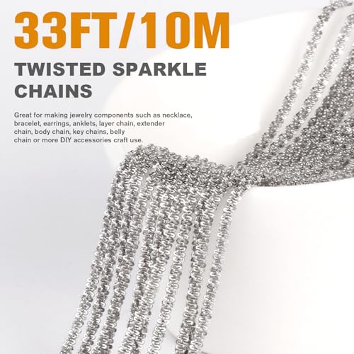 33 Feet Stainless Steel Sparkle Chains Roll, 2.5mm Width 304 Stainless Steel Dainty Twisted Singapore Chain Bulk Spool for Jewelry Making DIY Craft - color: 2.5MM Stainless Steel Sparkle Chains