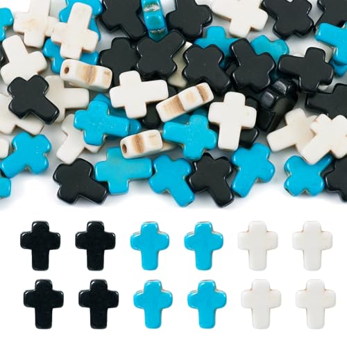 60 Pcs Turquoise Cross Beads Turquoise Stone Beads Small Cross Bead Charms Turquoise White Black Cross Crucifix Spacer Beads for Easter Holiday Bracelet Necklace Jewelry Making - color: Black/White/Blue
