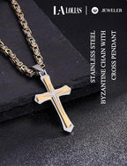 LOLIAS Black 14K Gold Plated 𝐂𝐫𝐨𝐬𝐬 𝐍𝐞𝐜𝐤𝐥𝐚𝐜𝐞 for Men Stainless Steel 𝐁𝐲𝐳𝐚𝐧𝐭𝐢𝐧𝐞 Chain With Cross Pendant Necklace 𝐌𝐞𝐧𝐬 𝐆𝐢𝐟𝐭 22-30Inch - color: Gold plated necklace with pendant, size: 24IN