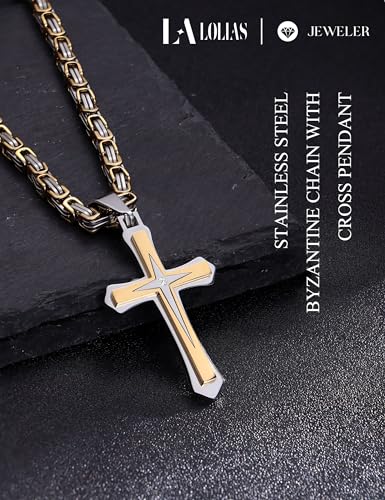LOLIAS Black 14K Gold Plated 𝐂𝐫𝐨𝐬𝐬 𝐍𝐞𝐜𝐤𝐥𝐚𝐜𝐞 for Men Stainless Steel 𝐁𝐲𝐳𝐚𝐧𝐭𝐢𝐧𝐞 Chain With Cross Pendant Necklace 𝐌𝐞𝐧𝐬 𝐆𝐢𝐟𝐭 22-30Inch - color: Gold plated necklace with pendant, size: 30IN