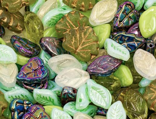 1.4oz (40g) Summer Mix of Small Czech Glass Leaf Beads, Hand Made Set Kit, Leaves 01 - color: Leaf Beads Mix