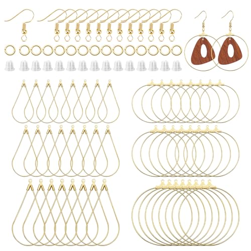 298Pcs Earrings Beading Hoop Set with 48 Teardrop Round Beading Hoop Earring Bulk Earring Finding Component,50 Hooks,100 Jump Ring,100 Ear Backs for DIY Jewelry Making Earrings Making Supplies(K Gold) - color: 298Pcs-K Gold