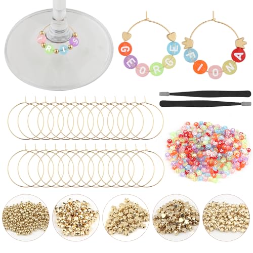 60 Set DIY Wine Glass Charms, 1040 Letter Beads 300 Gold Bead Charms 60 Rings for Stem Glasses, Personalized Wine Glass Markers Tags for Wedding Party Decorations (Transparent Plus) - style: Transparent Plus