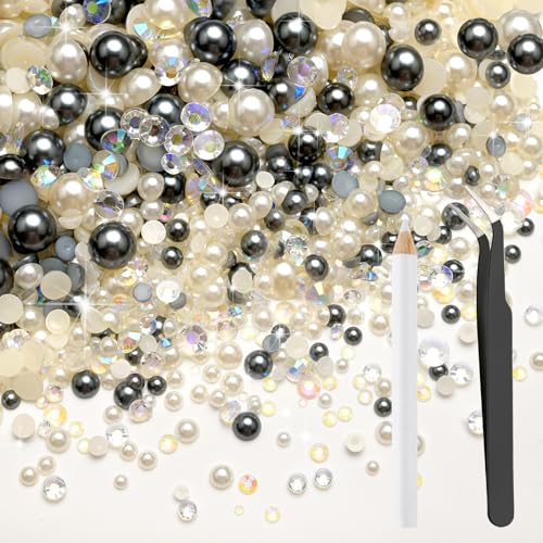 80g Mix Flatback Pearls and Rhinestones for Crafts Silver Gray White Mixed Size 2mm-10mm Half Round Pearls Rhinestones for Nail Art Tumblers Shoes DIY Bedazzling with Tweezers Wax Pen - color: Silver Gray White