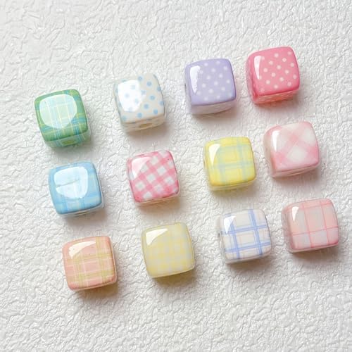 20PCS Large Acrylic Square Beads for Pens, 14MM Cream Grid Polka Dot Cube Beads for Keychain Jewelry Bracelet Making Focal Bead for Pen Making Crafts DIY Projects - color: Cream Square Bead