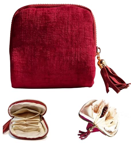 Travel Jewelry Organizer Case - Velvet Zipper Pouch with 6 Compartments for Bracelets, Earrings, Necklace, Anti-Scratch Storage, Valentine Gifts for Women (Vine Red) - color: Vine Red