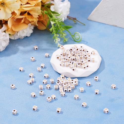 FASHEWELRY 500Pcs White Golden Letter Beads 4.5mm Square Alphabet Beads Acrylic Cube Letter D Beads for Friendship Bracelet Necklace Keychains Jewelry Making - color: Letter D