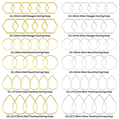 120pcs Hoop Earrings for Jewelry Making,Earring Beading Hoops Hypoallergenic Teardrop Hexagon Round Earring Hoop Open Bezel Pendant Frame for DIY Crafts Accessories Supplies(Gold&Silver,3Shapes) - color: 120PCS;Teardrop,Hexagon,Round;Gold,Silver
