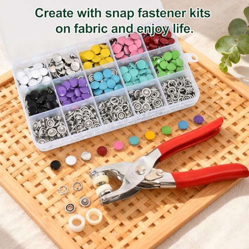 XLYAXOP 200 Sets Snap Button Kit with Press Pliers Fastener Tool, 803Pcs 9.5mm Metal Snaps for Fabric and Sewing in 10 Solid Colors, Durable Snap Buttons for DIY Crafting and Clothing