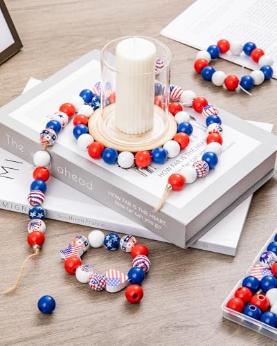 Goldwise 120Pcs 4th of July Wooden Beads Garland, Patriotic Red White Blue Beads for DIY Crafts, Independence Day Wood Beads with American Flag Stars for Bracelets Necklaces Tiered Tray Decor - size: 4th of July Wooden Beads