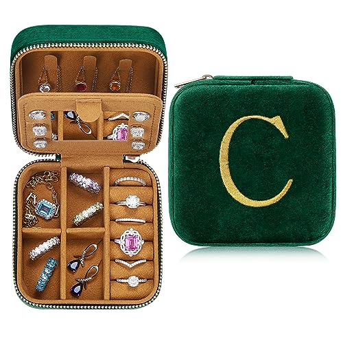 Parima Back to school Plush Velvet Jewelry Box - Personalized Monogram Travel Jewelry Case Organizer Jewelry Boxes for Women Birthday Mom Friends Teen Girls Teenage Gifts Idea - Letter C, Green - size: C