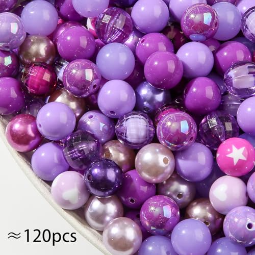 20mm Acrylic Beads 120pcs Purple Chunk Bubblegum Bead 20mm Multicolor Beadable Pen Ball Beads for Pen Bag Jewelry Making Necklace Bracelets (Purple) - color: purple