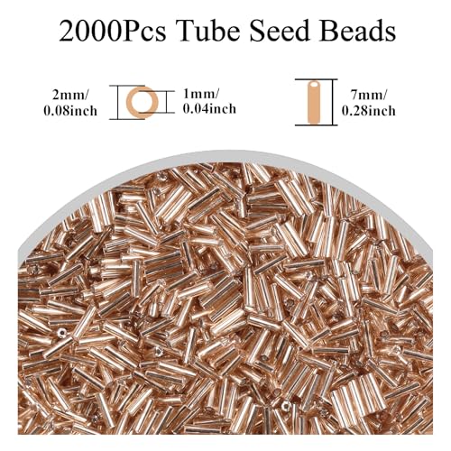 2000Pcs Tube Seed Beads 2x7mm Mini Long Glass Bugle Bead Small Craft Loose Spacer Beads for DIY Phone Charms Waist Bead Bracelets Earrings Necklaces (Champagne) - color: Champagne