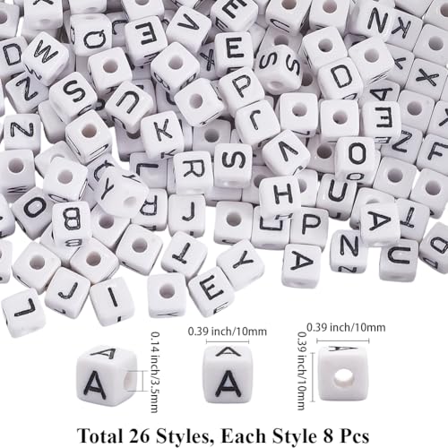 1 Box 10MM 208PCS 26 Styles Square Acrylic Alphabet Bead with Large Hole A to Z White Cube Shaped Loose Spacer Beads Bulk for Jewelry Making Christmas Holiday Party Gift Adult DIY Craft