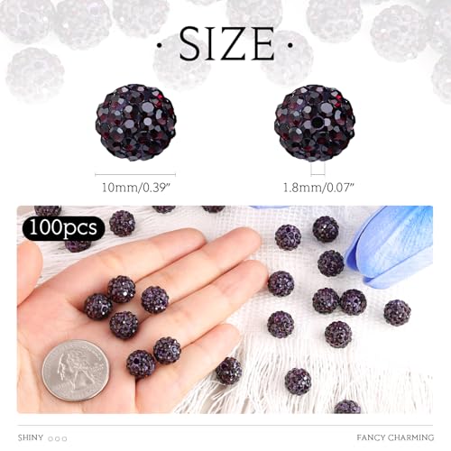 100 Pcs Dark Purple Rhinestone Beads for Jewelry Making, Sparkle Crystal Clay Christmas for Bracelet Baseball Necklace Earring Crafting and DIY, Shiny Round Shamballa Disco Ball Beads Bulk - color: Dark Purple, size: 100 pcs