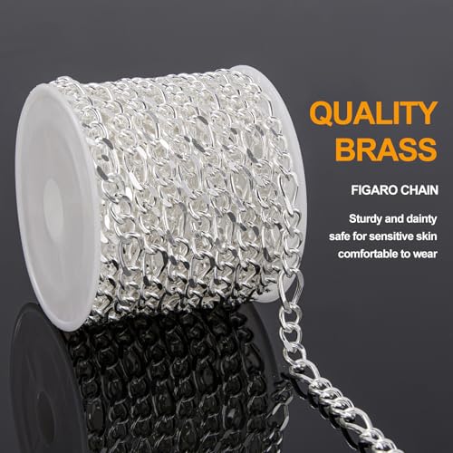 KYUNHOO 13 FT/4M Silver Plated Jewelry Chain Roll Figaro Curb Links Necklace Chains Bulk with Lobster Clasps Jump Rings for Women Men Making Jewelry Crafts - color: Figaro Silver