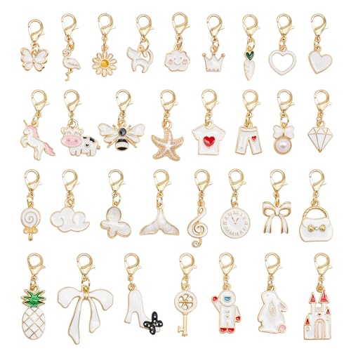 60PCS Enamel Charms Set with Golden Lobster Clasp, Assorted 30 Styles Animals Fruit Moon Star Clip-on Charm Pendants for Jewelry Making and Keychain Purse Decoration Crafts - color: White