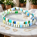 Tila Flat Beaded Bracelet for Women,Bohemian Colorful Stretch Square Glass Bead Elastic Layred Bracelet Stack, Handmade Boho Trendy Holiday Jewelry Accessories Friendship Gift - color: White Green