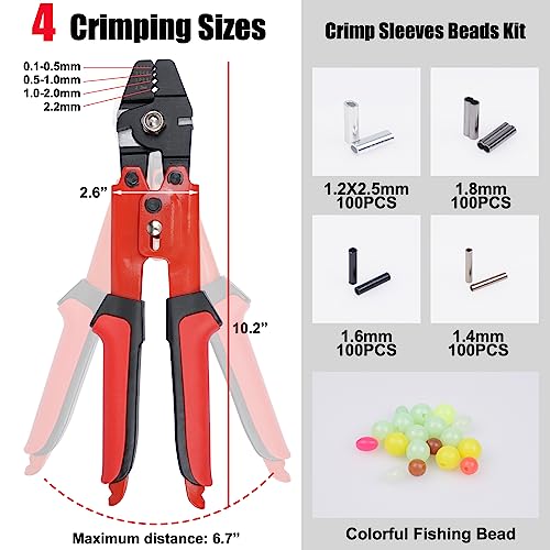 Fishing Crimping Tool Kit Fishing Crimping Pliers + 400pcs Crimp Sleeves Fishing Leader Rigging Wire Line Cutter Crimping Tool 10in High Carbon Steel Crimper Swager