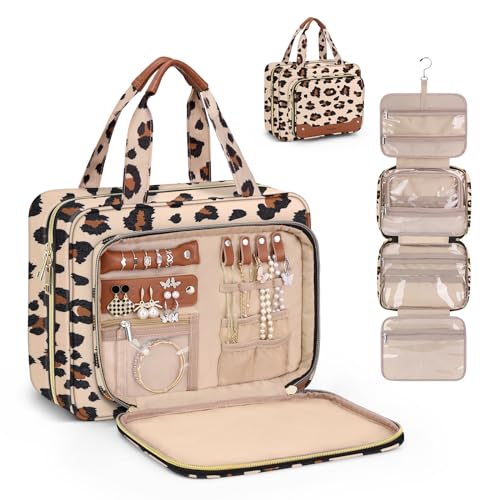 Wedama Toiletry Bag for Women, Hanging Travel Toiletry Bag with Jewelry Organizer Compartment Large Makeup Bag, PVC Waterproof Cosmetic Travel Bag Trips Camping Bathroom, Leopard Print - color: Leopard Print, size: Large, style: With Jewelry Organizer Com