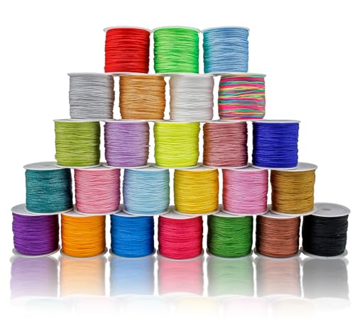 FQTANJU 25 Rolls 1250 Yards Nylon String for Bracelets, 25 Colors Chinese Knotting Cord, 0.8 mm Nylon Cord for Jewelry Making, Beading, Necklaces, Kumihimo, Braided Bracelets, Tassels and DIY Craft ﻿